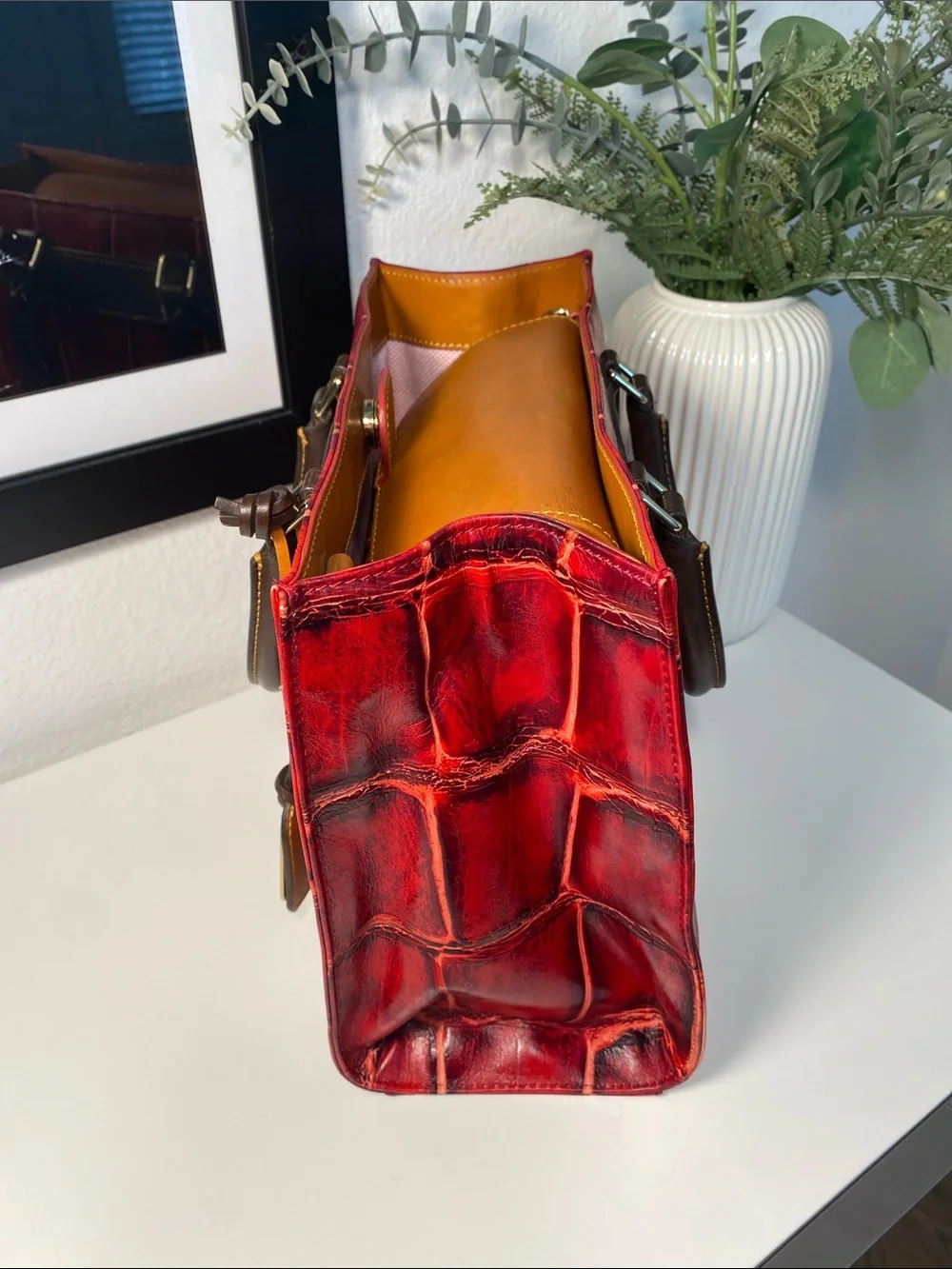 Dooney & Bourke Red Croc-Embossed Leather Satchel with Brown Trim